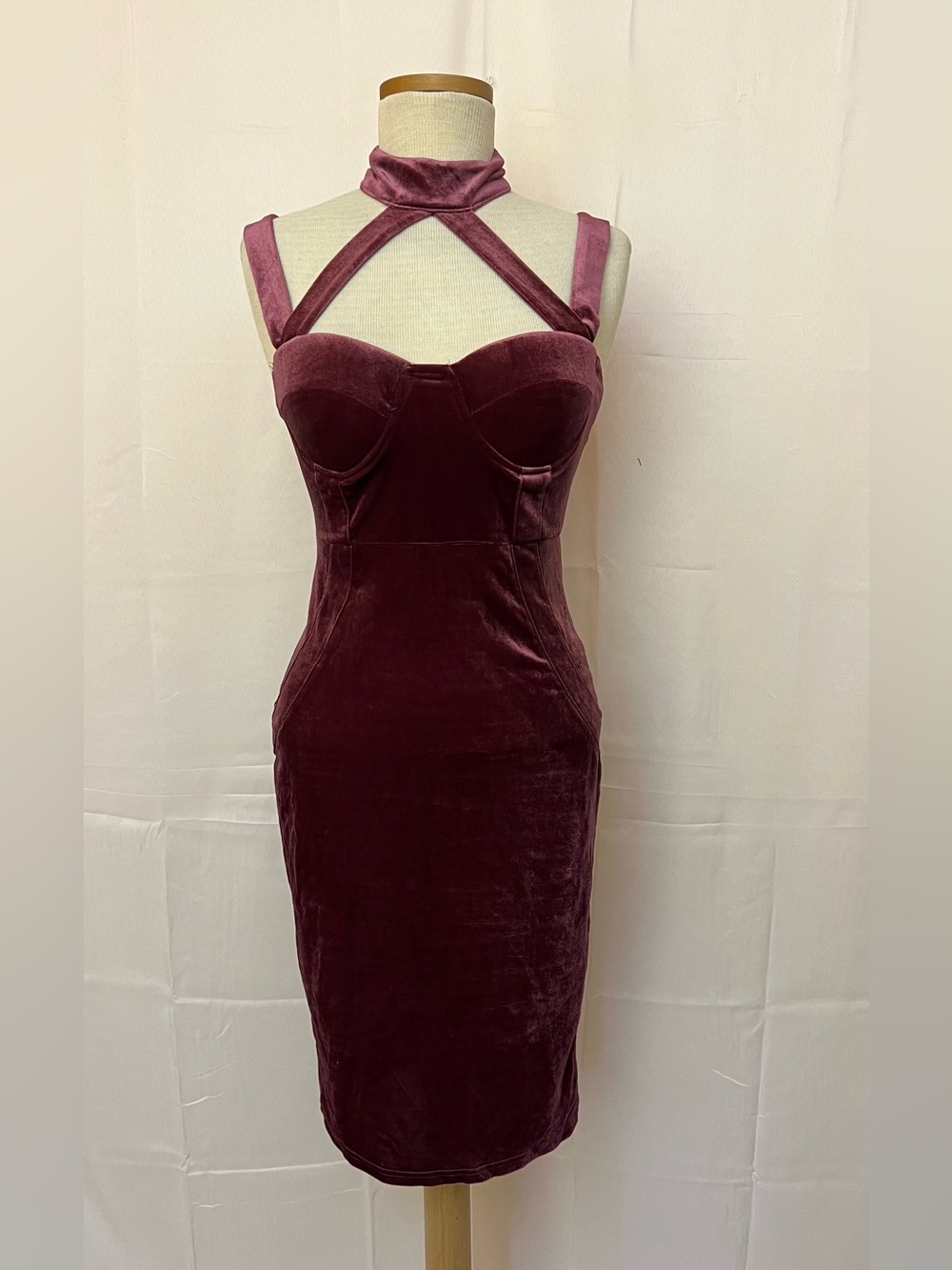 With Straps Burgundy Velvet Bodycon Dress with Choker Detail